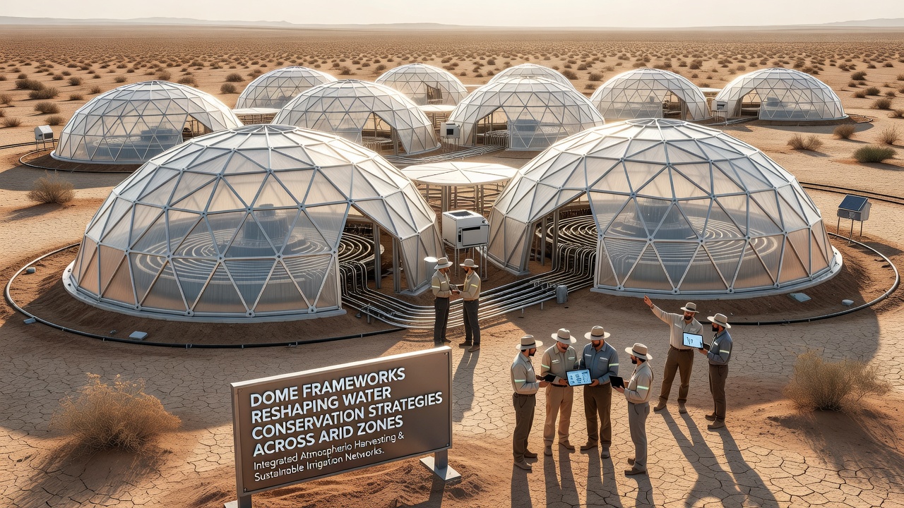 Interior view of a dome framework showing water collection channels and condensation surfaces in an arid zone installation